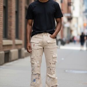 Stacked Distressed Flate Denim Jeans Beige (Rockstar)